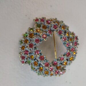 MCM BROOCH PIN Signed ART 1950'S ENAMEL MULT COLOR RHINESTONE FLORAL WREATH 3D